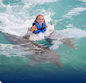 Woman swimming with Dolphins in Puerto Seco in the Ocean